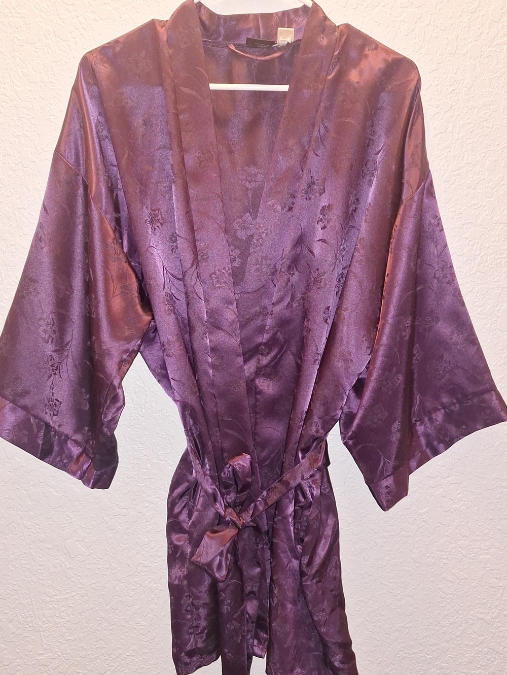Frederick's of Hollywood Plum Satin Floral Kimono Robe